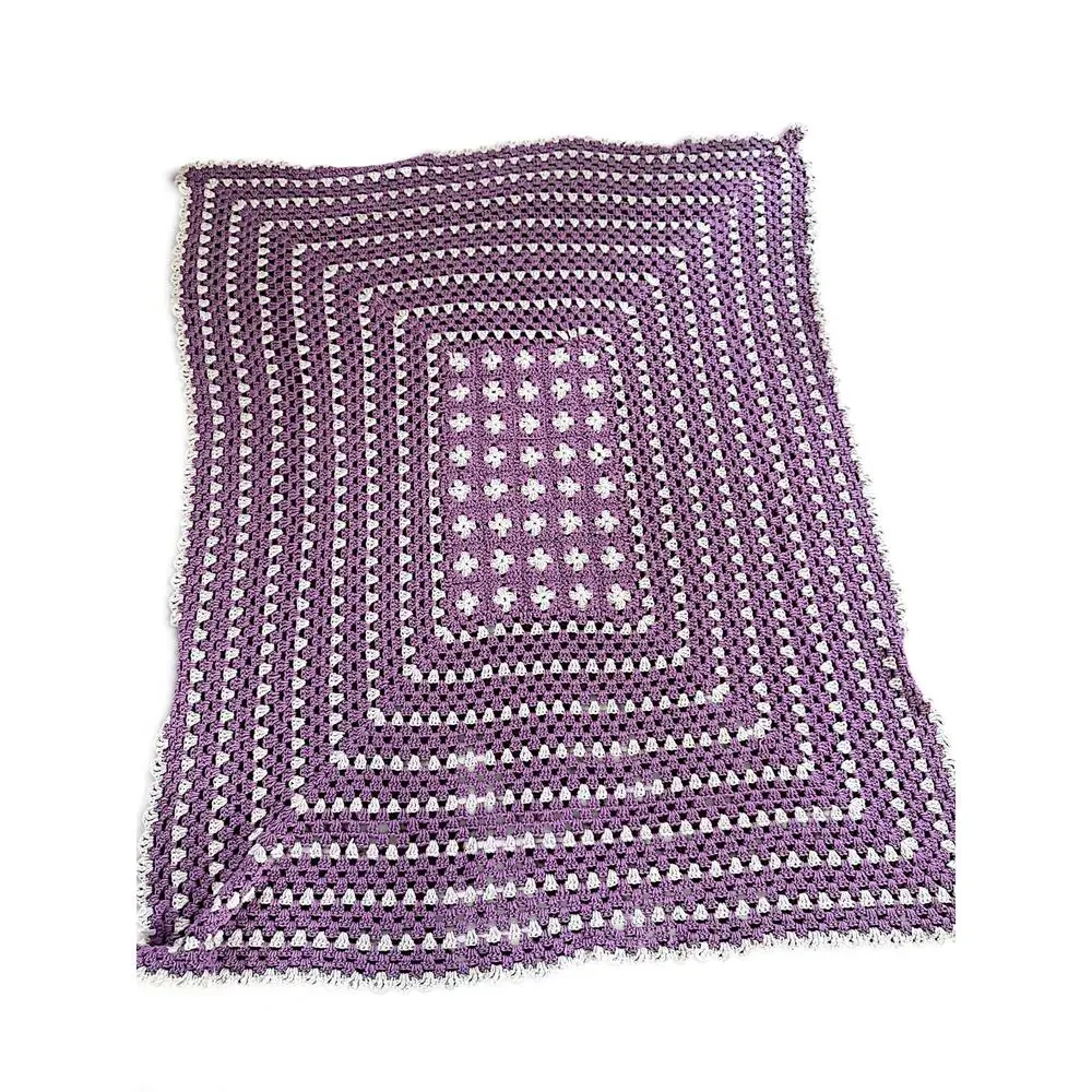 Handmade Crochet Afghan 69x57 Purple Cream Granny Square Cottagecore Blanket